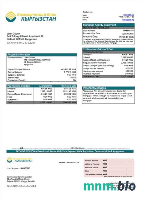 Kirgistan Bank Handlowy wyciąg z kredytu hipotecznego szablon Word i PDF